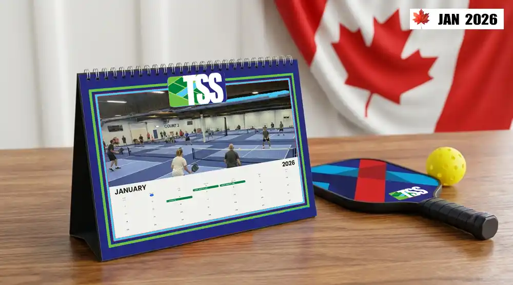 A January 2026 Canadian pickleball tournament and event calendar with a paddle and ball, featuring Total Sport Solutions branding.
