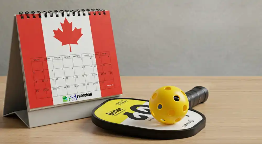A calendar featuring the Canadian flag, suggesting upcoming pickleball tournaments in Canada, with a paddle leaning against it