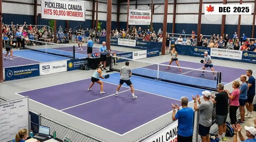 Players competing and practicing on multiple indoor pickleball courts in Canada during December 2025, highlighting winter indoor play and community participation.