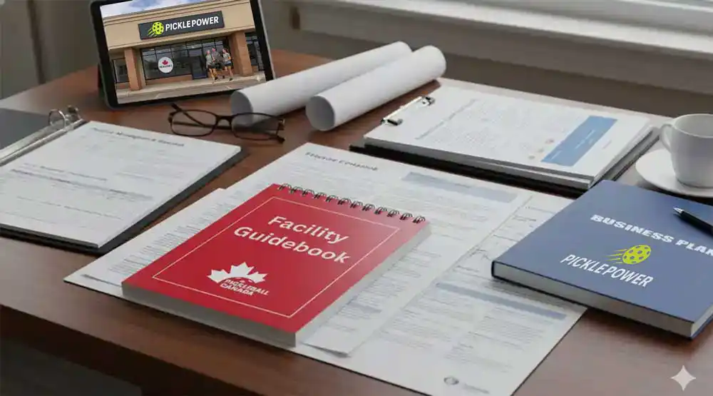 Pickleball facility development Canada planning desk showing Facility Guidebook with indoor courts and business planning documents representing Total Sport Solutions expertise