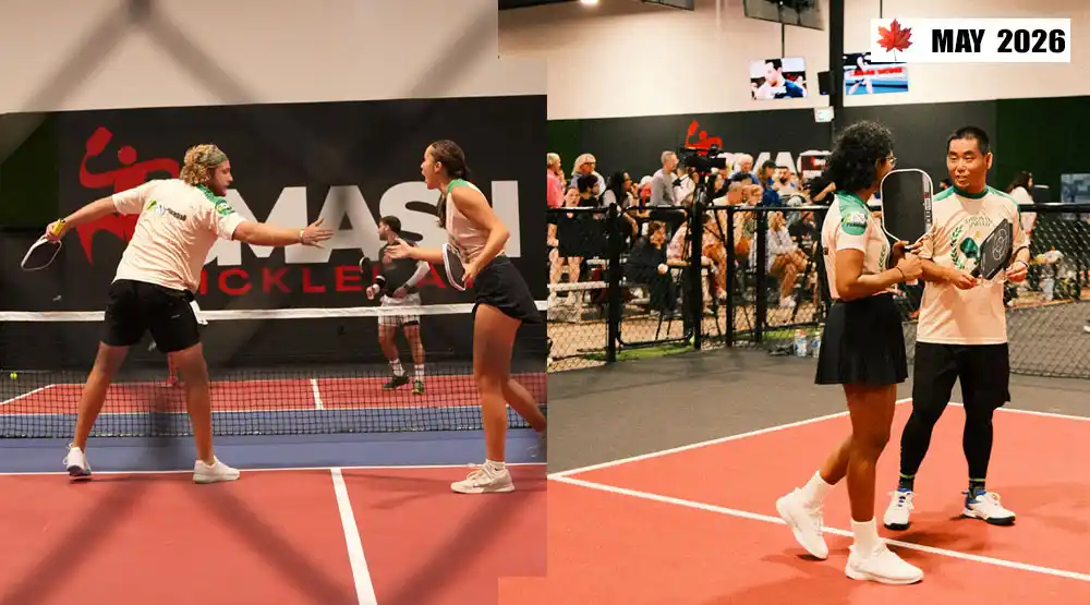 Professional pickleball players competing indoors during a Canadian pickleball tournament at Smash Pickleball