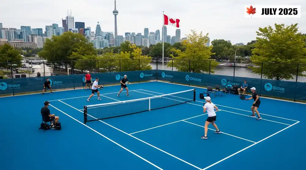 Players compete on a professional pickleball court during a summer tournament in Toronto. Image generated using Google Studio AI.