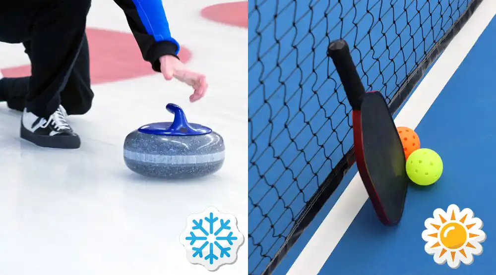 Curling stone with winter icon and pickleball paddle on a rollout court with summer icon, showing Pickleball’s rollout court.