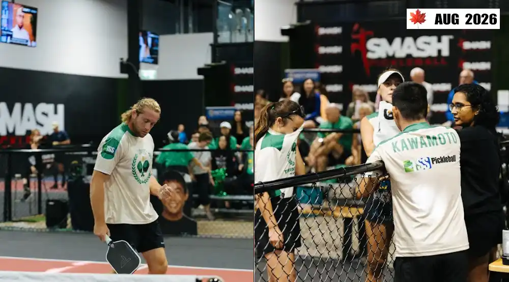 Professional pickleball players competing at SMASH tournament facility with spectators watching, August 2026, showcasing competitive excellence and championship-level Canadian pickleball