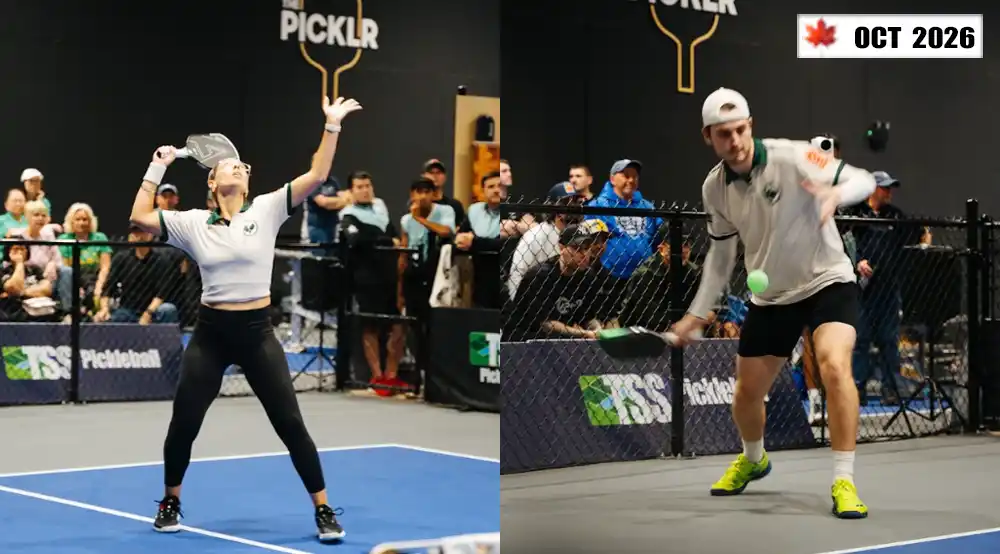 Pickleball players in action on a professional court in Canada