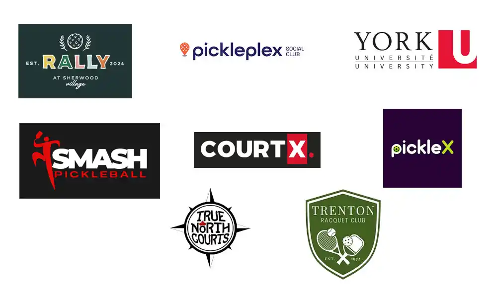 TSS Pickleball Commercial Clients: Logos of Pickleplex, Smash Pickleball, Rally at Sherwood, True North Courts, PickleX, Trenton Racquet Club, CourtX, and York University