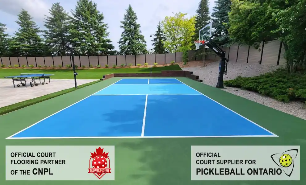 Custom backyard pickleball and basketball court installation in Cambridge, Ontario by TSS Pickleball, the official surfacing partner of the CNPL and Pickleball Ontario.